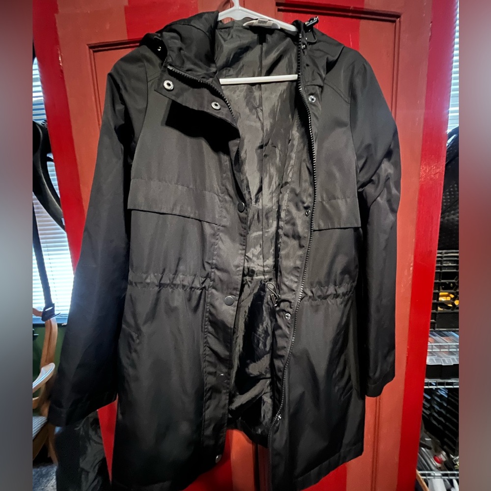 Time and Tru black thigh length rainjacket